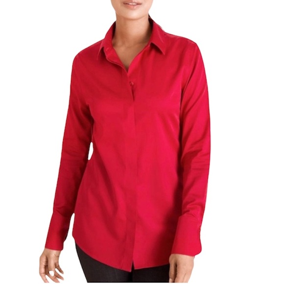 CHICO’S RED NO-IRON SATEEN LONG SLEEVE SHIRT - Picture 2 of 16